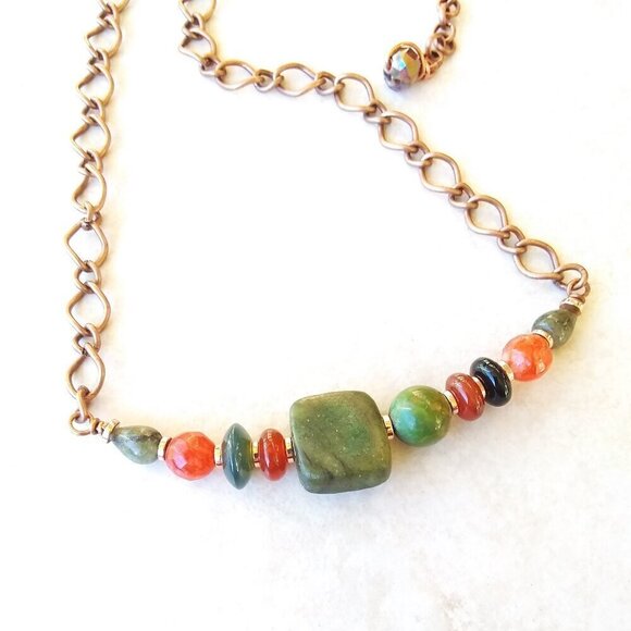Handmade Asymmetrical Choker! Semi-Precious Stone Beads + Copper! Fall Colors! - Picture 7 of 15